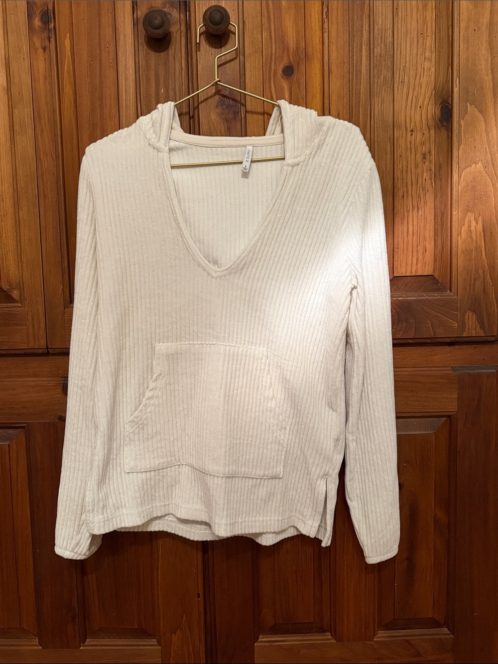 Z Supply Cream Ribbed V-Neck Hoodie